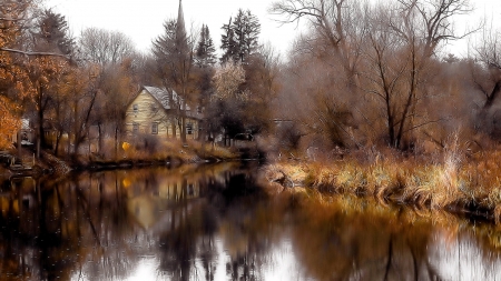 Lake House - sky, lake, forest, pond