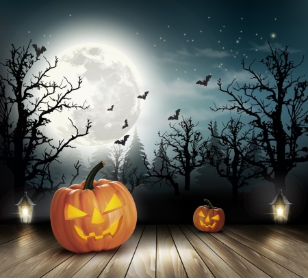 Halloween - moon, halloween, trees, pumpkin