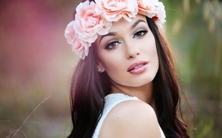 Girl with a Wreath - girl, face, brunette, make up