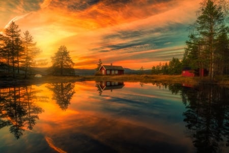 Beautiful Sunset - house, sunset, trees, reflection