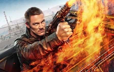 Fast and Furious supercharged (2015) - gun, fast and furious supercharged, movie, fire, poster, luke evans, man, actor, orange