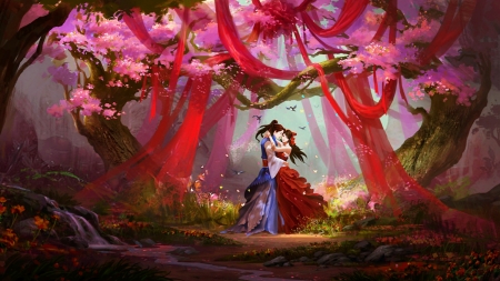 Sweet Temptation - hugging, red, forest, pink, tree, lovers