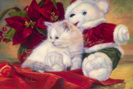 Christmas Kitten - winter, paintings, holidays, xmas and new year, kitten, teddy bear, cats, Christmas, love four seasons, animals