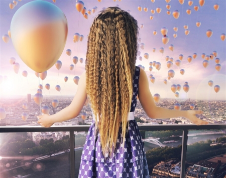 Sky of Balloons - balloons, child, hair, sky