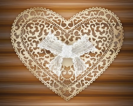 Heart - ribbon, lace, heart, wood