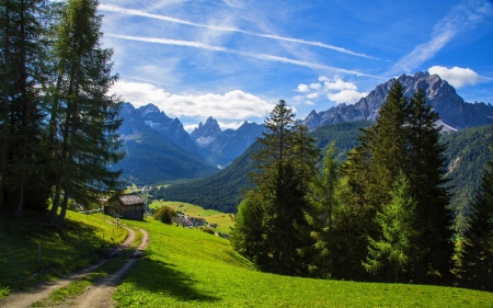 Summer In The Alps - valley, sky, trees, summer, mountains, path, forest, beautiful, alps, cabin, austria, grass