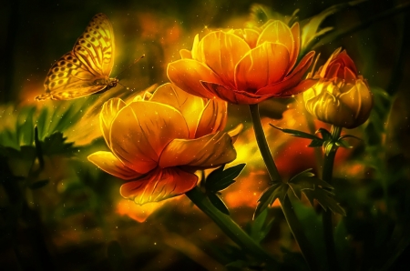 butterfly and yellow flowers - butterfly, yellow, pretty, flowers, cute