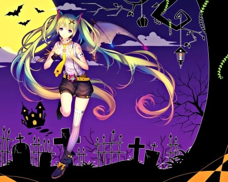 Happy Halloween! - moon, hatsune miku, girl, vocaolid, tidsean, black, vampire, halloween, purple, yellow, anime, orange, bat, tree, manga