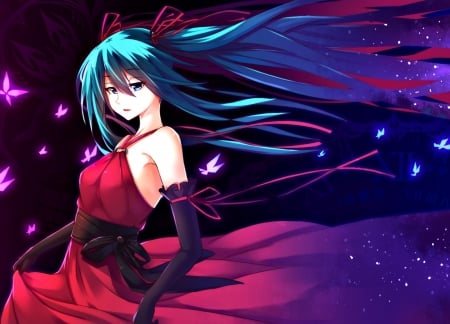 Hatsune Miku - anime, vocaloid, blue, girl, pink, mhong, black, manga, miku, purple, butterfly, hatsune