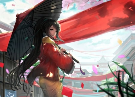 Girl - kikivi, black, manga, anime, umbrella, red, girl, art