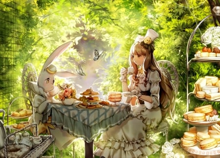 Alice - girl, tea, leclle, bunny, cookies, alice, white, art, rabbit, anime, green, desert, sweet, food, manga