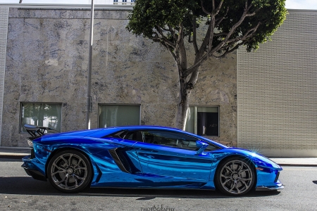 Blue-Chrome-Lamborghini Aventador - lambo, blue, wing, exotic