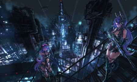 City - girls, mecha, city, anime, weapons