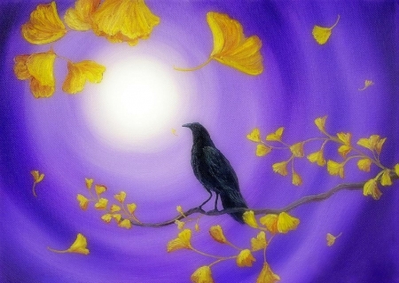 Crow in Ginkgo Leaves - love four seasons, fall, animals, raven, moons, leaves, ginkgo, crow, draw and paint, paintings, autumn