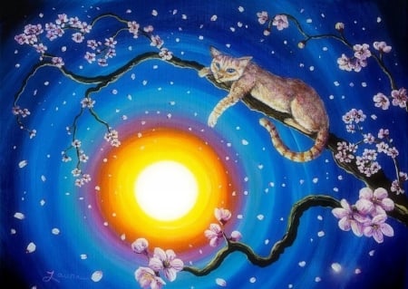 Cat in Cherry Blossoms - love four seasons, animals, cats, draw and paint, paintings, cherry blossoms, spring, moons