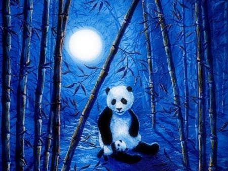 Lullaby in Bamboo Forest - bears, love four seasons, forests, animals, draw and paint, paintings, bamboo, moons