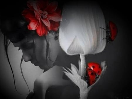 *Love* - collage, girl, tulips, ladybugs