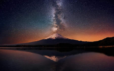 Starry Mountains - reflections, nighttime, nature, mountains, stars