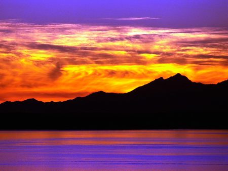 Olympic mountain range with Puget Sound, Seattle, WA - puget, sky, mountain, sunset, violet, layers, olympic, orage, sound