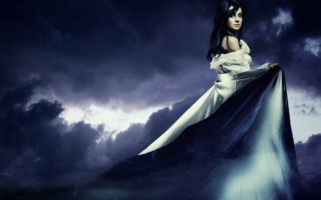 Glimmering in the Darkness - clouds, pretty, abstract, blue, night, darkness, dark, fantasy, white, woman, art, sky