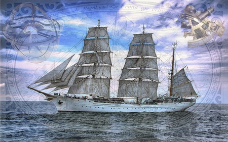 The Gorch Fock - training ship, compass, ocean, sky, sextant, sailing ship, water, sailing, waves, ship, sailboat, sea, boat