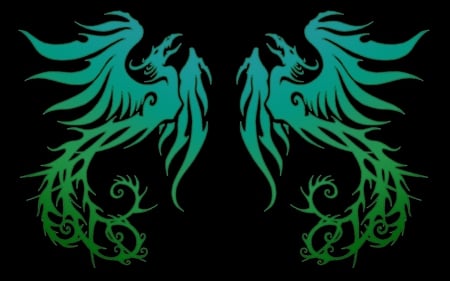 Facing Phoenix - firebird, bird, phoenix, blue, facing, rising, fantasy, green, tribal