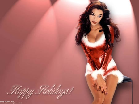 Happy Holidays - red suit, holidays, geetings, woman