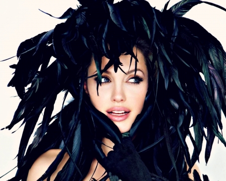 Angelina Jolie - white, angelina jolie, woman, face, actress, girl, feather, black