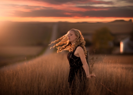 Only a dream - woman, sunset, dream, road, black, country, wire