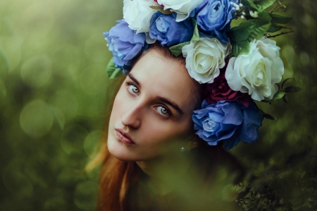 Beauty - flowers, face, girl, wreath