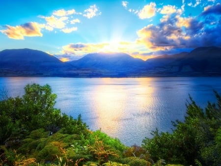 Lake Reflection - lake, mountains, reflection, clouds, nature, grass