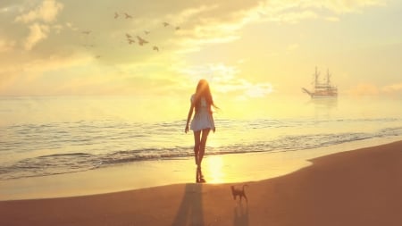 â™¥melancholia - girl, cat, sunset, sailboat, sea