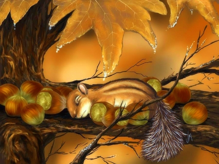 Goodnight Baby - autumn, love four seasons, squirrel, animals, leaves, paintings, pine trees, fall season