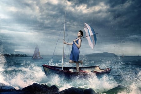 Day at the Sea - sea, umbrella, woman, boat