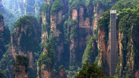 bailong elevator in hunan china - vegetation, mountains, elevator, cliffs