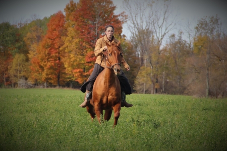 Autumn Ride - woman, lady, autumn, trees, female, girl, cowgirl, boots, field, fall, horse