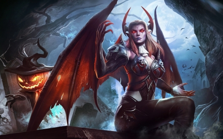 Demon - game, bat, blue, girl, pumpkin, orange, horns, red, order and chaos online, woman, wings, halloween, demon