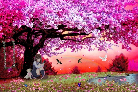 Anime girl - girl, dog, anime, cherry blossom