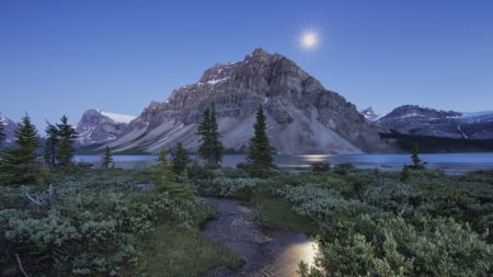 moon over bow lake canada - stream, lake, reflection, moon, trees, mountain