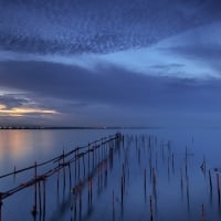 broken pier posts at sunset