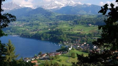 panorama of lake towns under alps - lake, towns, panorama, green, mountains