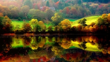 Colorful autumn reflections - reflections, hills, tranquil, forest, leaves, mountain, mirror, lake, trees, beautiful, slope, fall, colorful, river, autumn, serenity, foliage