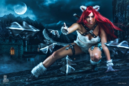 Katarina - league of legends, blue, ears, night, red, david love, luna, moon, katarina, photography, cosplay, girl, cat, white, redhead, woman, model