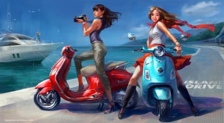 Sunny day - motorcycle, camera, summer, blue, ship, girl, sea, red, woman, vadim gousmanov, couple, sunny day, art