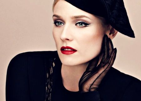 Diane Kruger - woman, diane kruger, actress, girl, hat, make-up, black, model, face, red