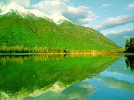 mountain reflection - lake, mountain, snow, grass