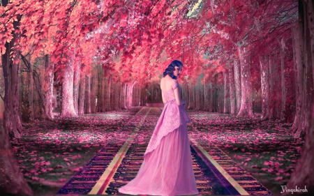 Beautiful Maiden - woman, railway, art, trees