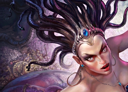 Medusa - woman, girl, medusa, fantasy, face, igor grechanyi, art, snake, pink, blue