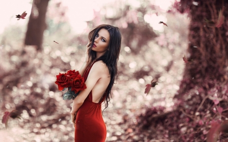 Red roses - alessandro di cicco, woman, red, model, girl, rose, flower, pink