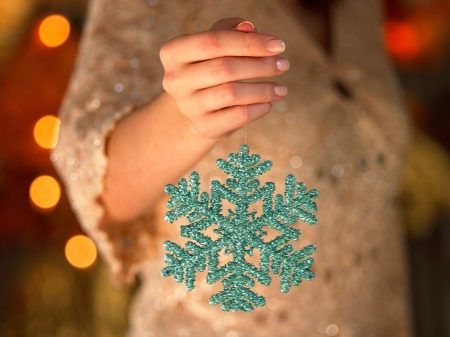 Snowflake - bokeh, winter, yellow, decoration, blue, ornament, light, christmas, snowflake, hand, craciun, red